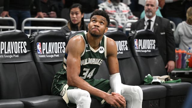 Apr 26, 2023; Milwaukee, Wisconsin, USA; Milwaukee Bucks forward Giannis Antetokounmpo (34) sits on the bench after a 128-126 loss to the Miami Heat during game five of the 2023 NBA Playoffs at Fiserv Forum.